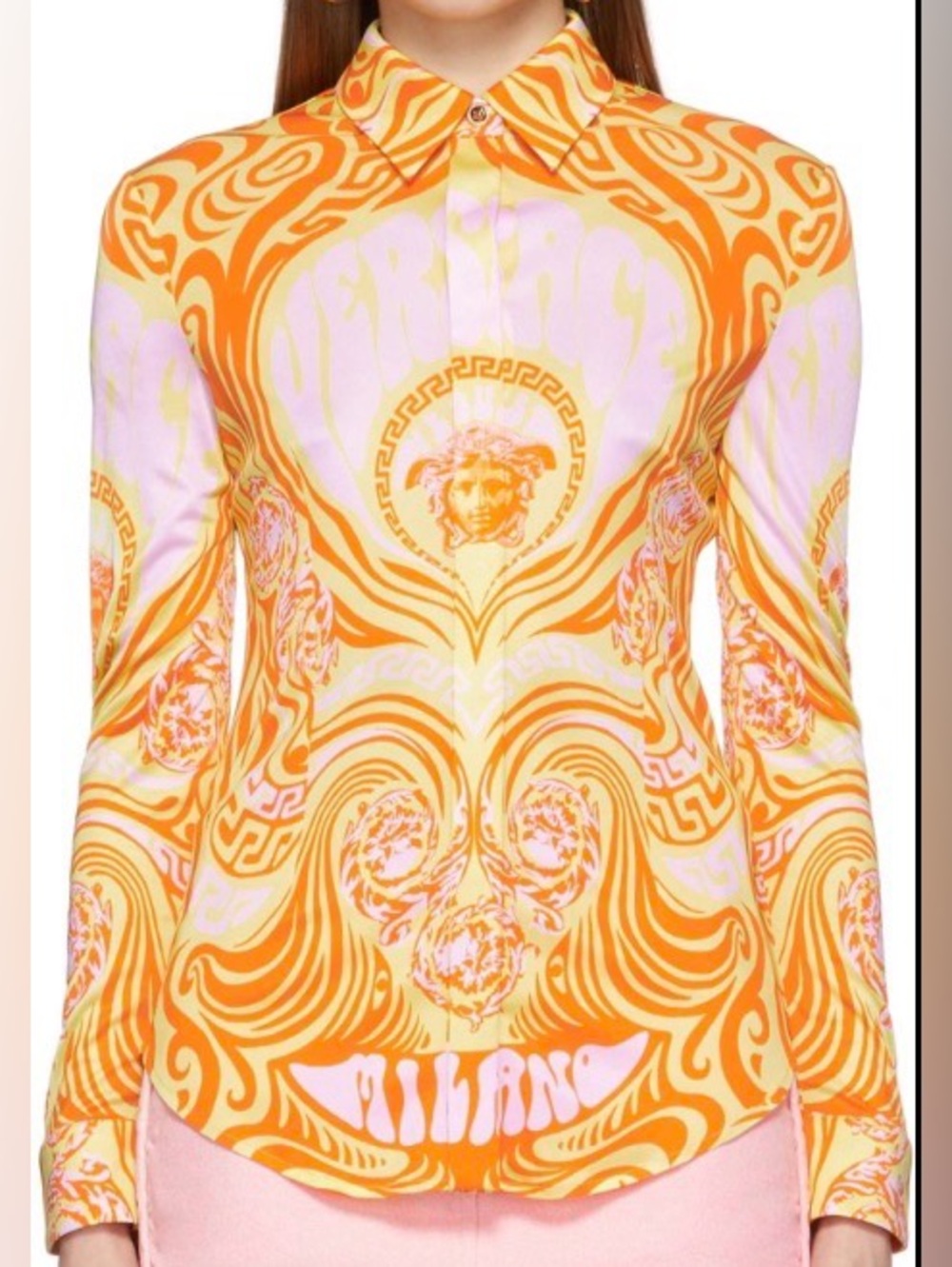 Versace Orange and Pink Baroque Medusa Print Button-Down Shirt